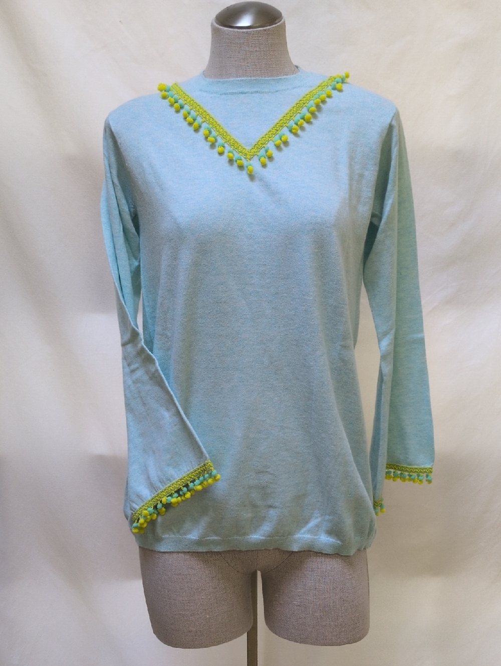 Two Bees Cashmere & Cotton Tassel/Pom-Pom Sweater